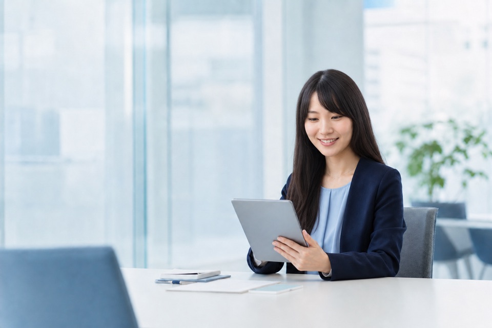 明るいオフィスでタブレットを確認する女性